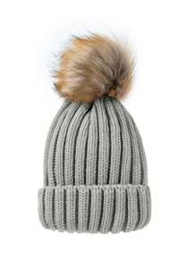 Gorro de punto de invierno para padres e hijos, con pompón esponjoso estilo coreano, gorro grueso y cálido para niños y niños pequeños - Gorro de punto con bolas de pelo sintético - Ver 13