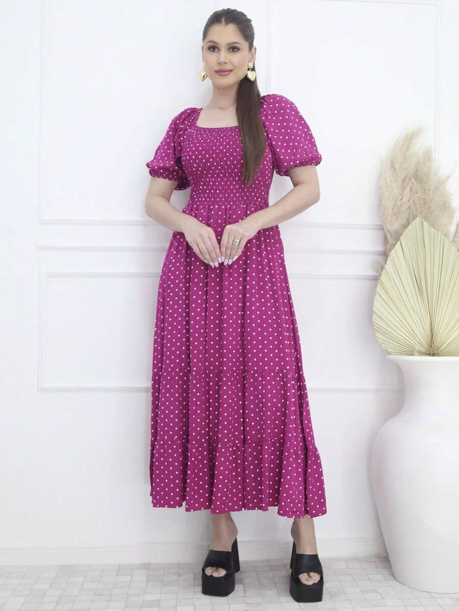 Polka Dot Dress In Cinnamon Viscose With Puff Sleeves - 紫色 - 查看 1