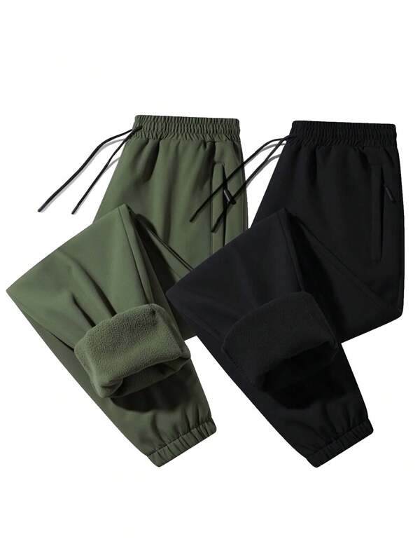 2pcs Outdoor Softshell Thermal Lined Waterproof Windproof Ski Pants For Men, Warm And Breathable Hiking Trousers