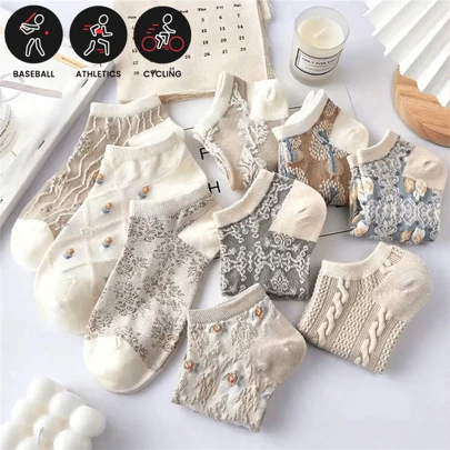 ถุงเท้า 9 คู่ ลวดลายเนื้อหยาบ เรโทร สำหรับกีฬากลางแจ้ง, ถุงเท้าเรือ นุ่มและระบายอากาศได้ดี, ถุงเท้าผู้หญิง