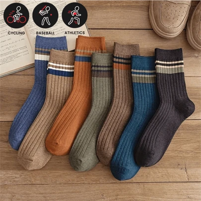 5pairs Men's Casual Plain Color Striped Socks, Anti-Odor Sweat-Absorbing Breathable Comfy Crew Socks, Men Socks