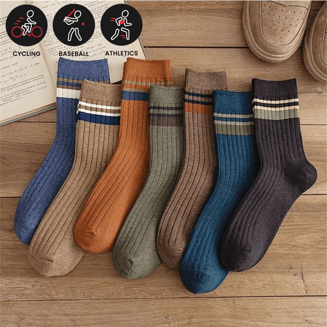 5pairs Men's Casual Plain Color Striped Socks, Anti-Odor Sweat-Absorbing Breathable Comfy Crew Socks, Men Socks