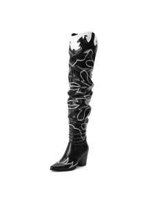 2025 Y2K New Autumn Women's Cowboy Riding Western Style Over-The-Knee Boots Fashionable Pointed Toe Chunky Heel Embroidery Outdoor Shoes - 黑色 - 查看 5
