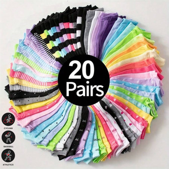 Sports Outdoor 10/20 Pairs Chic & Comfortable Women's Ankle Socks: Heart & Stripe Prints, Durable Knit Fabric - Ideal Gift