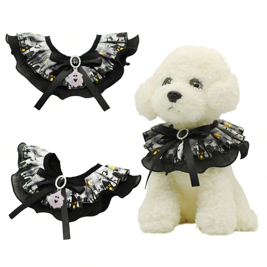 可调节万圣节宠物项圈，带围兜，适用于猫和狗 - 黑色 - 查看 1