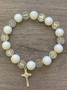 1pc Vintage  Saint Benedict Natural Stone Bead, Tiger Eye Cross Alloy Pendant, Prayer Beads Bracelet For Men