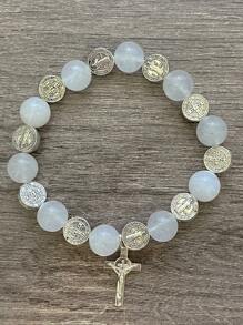 1pc Vintage  Saint Benedict Natural Stone Bead, Tiger Eye Cross Alloy Pendant, Prayer Beads Bracelet For Men