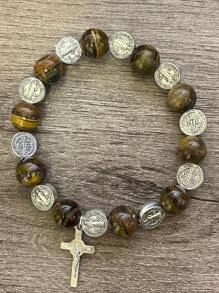 1pc Vintage  Saint Benedict Natural Stone Bead, Tiger Eye Cross Alloy Pendant, Prayer Beads Bracelet For Men