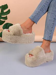 女士露趾高跟拖鞋，毛绒绒一脚蹬家居凉鞋，适合户外穿着 - 卡其色 - 查看 13