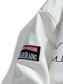 Men Long Sleeve PU Leather Embroidered Moto Jacket, For Fall Winter - White - View 4