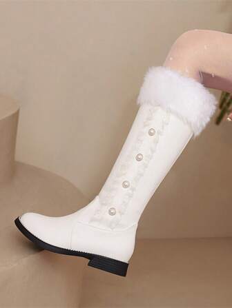 Botas sobre la rodilla, tacón plano, forro térmico, cremallera lateral, botas de invierno con pelaje para mujer, piel, fiesta