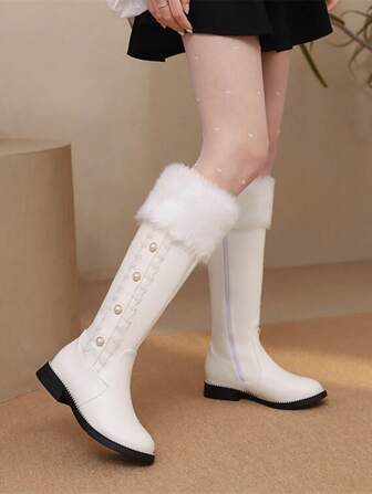 过膝长靴，平底，保暖内衬，侧拉链，毛绒冬靴，女士款，带毛皮，适合派对穿着