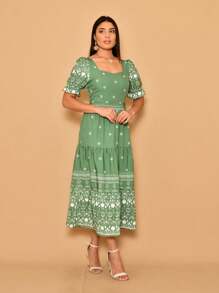 Helena Crepe Printed Midi Dress With Short Sleeves - 橄欖綠 - 查看 3