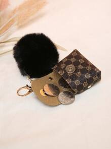 Fashionable And Versatile Bag Charm, Mini Earbud Pouch, Charm Pendant For Women's Handbag, Fluffy Pom-Pom Mini Pouch Keychain - Brown - View 2