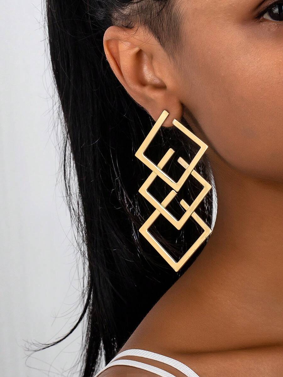 1 Pair Geometric Hollow Square Pendant Vintage Exaggerated Earrings For Women - Yellow Gold - View 1