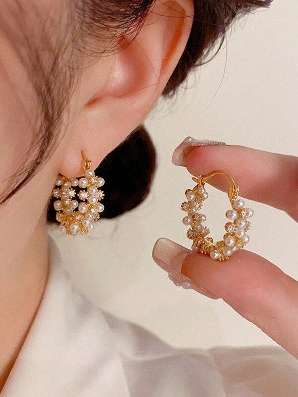 1pair Luxury Elegant Pearl Round Hoop Earrings, Unique Korean Style High-End Earrings For Women