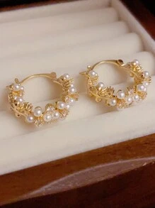 1 paire Boucles d'oreilles de créoles rondes en perle de luxe et élégantes, boucles d'oreilles de style coréen unique haut de gamme pour femmes - Multicolore - Voir 2
