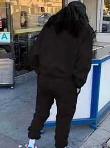 Plus Size Sportswear Two Piece Set, Women's Plus Size Slogan Printed Long Sleeve Crew Neck Sweatshirt And Jogger Sweatpants Two Piece Set - màu đen - Xem 7