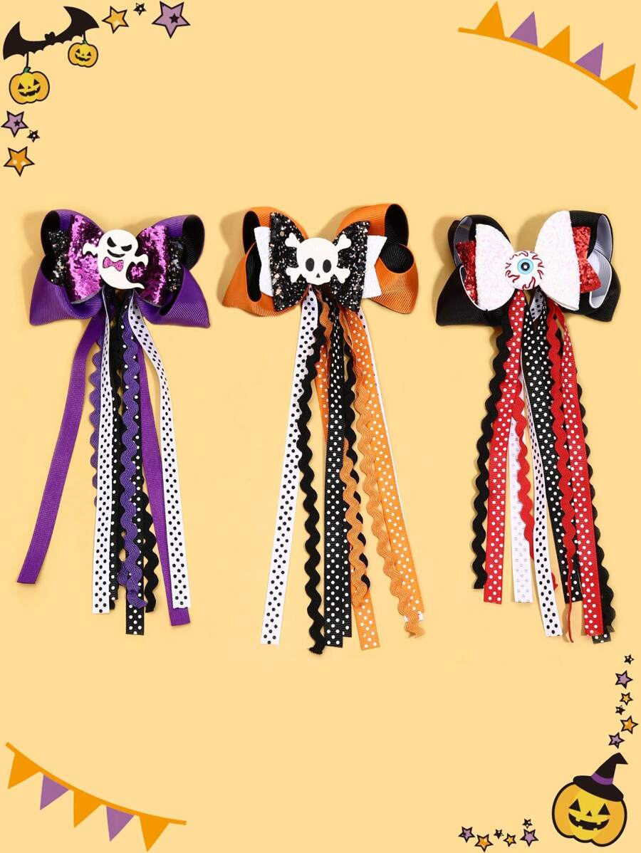 1pc Halloween Curly Hair Clip, Suitable For Girls, Shiny Scary Bloody Eyeball Curly Bow Crocodile Clip Skull Ghost Hairpin, Halloween Cosplay Party Hair Clip, Costume Hair Clip, Children's Hair Accessory - Multicolor - View 1