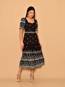 Helena Crepe Printed Midi Dress With Short Sleeves - Black - View 4
