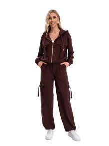 Plain Women's Set Of Hooded Jacket With Cargo-Cut Pockets And Cargo Pants With Adjustable Pockets