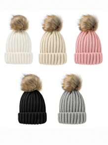 Gorro de punto de invierno para padres e hijos, con pompón esponjoso estilo coreano, gorro grueso y cálido para niños y niños pequeños - Gorro de punto con bolas de pelo sintético - Ver 5