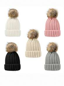 Gorro de punto de invierno para padres e hijos, con pompón esponjoso estilo coreano, gorro grueso y cálido para niños y niños pequeños - Gorro de punto con bolas de pelo sintético - Ver 2
