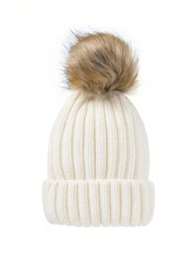 Gorro de punto de invierno para padres e hijos, con pompón esponjoso estilo coreano, gorro grueso y cálido para niños y niños pequeños - Gorro de punto con bolas de pelo sintético - Ver 8