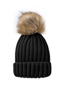 Gorro de punto de invierno para padres e hijos, con pompón esponjoso estilo coreano, gorro grueso y cálido para niños y niños pequeños - Gorro de punto con bolas de pelo sintético - Ver 6