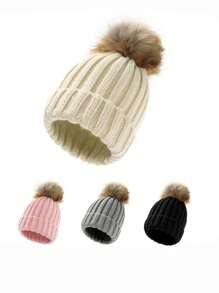 Gorro de punto de invierno para padres e hijos, con pompón esponjoso estilo coreano, gorro grueso y cálido para niños y niños pequeños - Gorro de punto con bolas de pelo sintético - Ver 4
