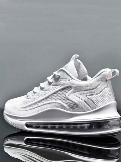 Zapatos de baloncesto para hombre con estilo, cómodos, resistentes al deslizamiento, transpirables y con absorción de impactos con cojín de aire, zapatos deportivos casuales para hombre para actividades al aire libreZapatos deportivos sólidos para hombre de talla grande con cojín de aire, cómodos, antideslizantes, con cordones, duraderos para actividades al aire libre