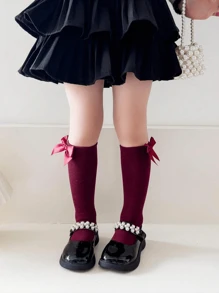 1 Pair Kids Bow Decor Long Stockings, Straight Cylinder Heelless Design, Front And Back Can Be Worn,Princess Style All Seasons - Burgundy - View 3