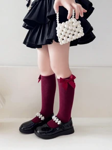 1 Pair Kids Bow Decor Long Stockings, Straight Cylinder Heelless Design, Front And Back Can Be Worn,Princess Style All Seasons - Burgundy - View 4