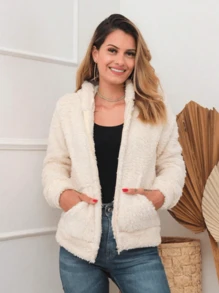 Women's Long Sleeve Coat With Fur Hood - 米色 - 查看 1