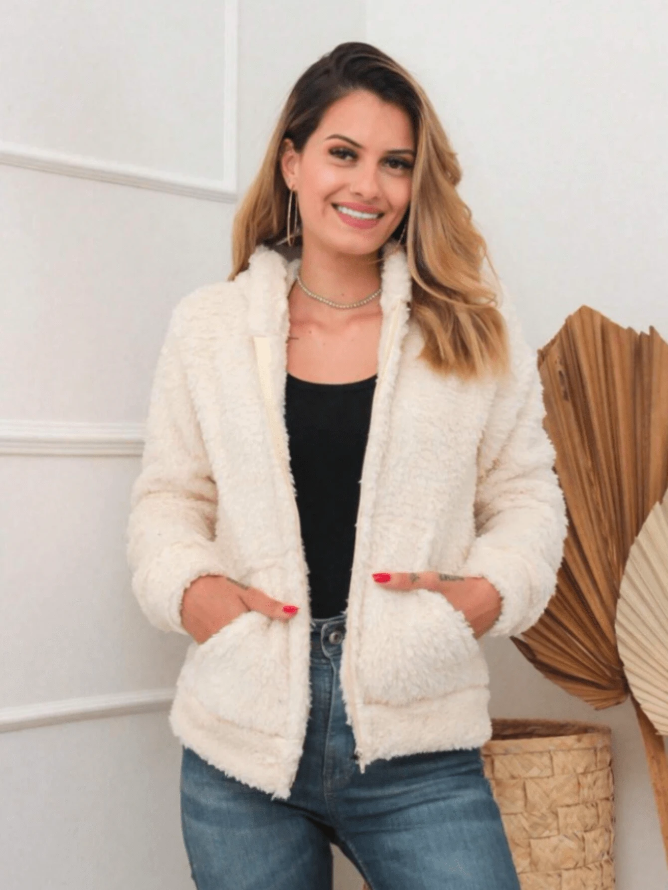 Women's Long Sleeve Coat With Fur Hood - 米色 - 查看 1