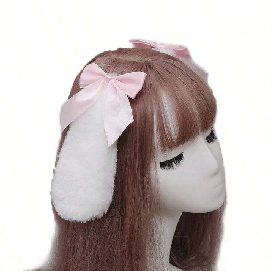Halloween Christmas Cute Rabbit Fluffy Floppy Ears Hair Clip Headband Sweet Lolita Maid Cosplay Party Headpiece - Red - View 1
