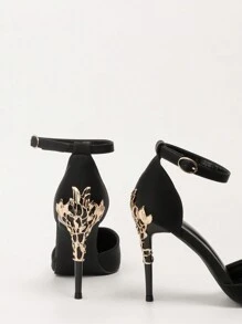 2025秋冬欧美奢华性感女鞋，时尚金属花朵细高跟鞋，尖头绑带凉鞋，女士高跟鞋，优雅派对装扮 - 黑色 - 查看 3