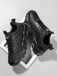 Minimalist Style Sports Sneakers With Front Lace-Up Closure For Men - Black - View 2