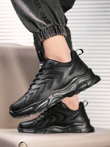 Minimalist Style Sports Sneakers With Front Lace-Up Closure For Men - Black - View 7