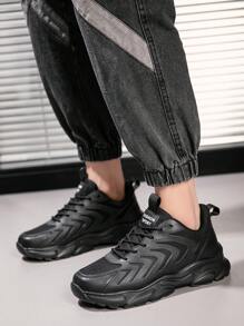 Minimalist Style Sports Sneakers With Front Lace-Up Closure For Men - Black - View 5