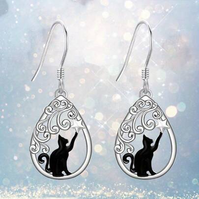 أقراط قطرة ماء بنجمة ومسك قط أسود أنيق ومرصع، هدية رائعة للأصدقاء والعائلة في أعياد الميلاد والكريسماس