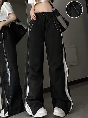Sporty Wide Leg Track Pants - Black And White Contrast Stripes, High-Waisted Drawstring Joggers For Casual Street Style