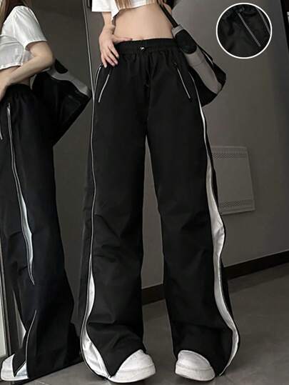 Sporty Wide Leg Track Pants - Black And White Contrast Stripes, High-Waisted Drawstring Joggers For Casual Street Style