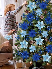 1pc/5pcs/10pcs/20pcs Hoa trạng nguyên nhấp nháy trang trí Giáng sinh, Thích hợp để trang trí cây thông Noel và vòng hoa, Đường kính 3,5in/5,9in/9,45in có kẹp, Trang trí ngày lễ Giáng sinh, Đồ dùng cho tiệc năm mới (Màu sắc: Xanh lam), Giáng sinh - Màu xanh lam - Xem 6