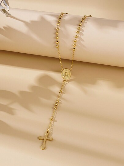 1pc Fashionable Stainless Steel Bead Decor Cross Pendant Necklace For Women For Daily Decoration