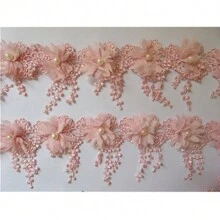10/30/50pcs 3D Chiffon Flower Pearl Beaded Lace Edge Trim Ribbon 3-1/2" Width Vintage Style 5 Colors Edging Trimmings Fabric Embroidered Applique Sewing Craft Wedding Bridal Dress Party DIY Decor - Multicolor - View 2