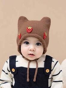 1 chiếc mũ len che tai họa tiết quả dâu tây cho trẻ mới biết đi, mũ len mùa đông ấm áp cho trẻ sơ sinh - 1PC - Xem 8