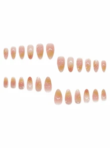 一套24片装的粉色杏仁形按压式指甲，饰有3D花卉和泡泡珠图案，适合所有女性。非常适合派对、庆典和日常佩戴，舒适易用，持久耐用。附赠果冻胶和指甲锉，提升指尖美感。美甲用品 - 淺粉色 - 查看 6