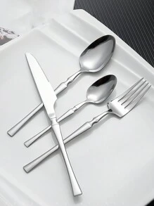 4/24/32pcs Stainless Steel Cutlery Set, Vintage Waist Design, Suitable For Home, Hotel, Wedding,Kitchen,Christmas Gift - Silver - View 4