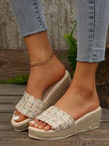 Nieuwe dikke bodem geweven touw platform wig slippers voor dames, modieuze persoonlijkheid comfortabele casual klassieke band wig slippers